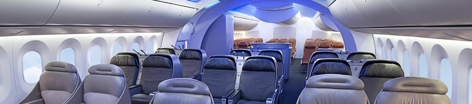Interior of a twin aisle Boeing plane
